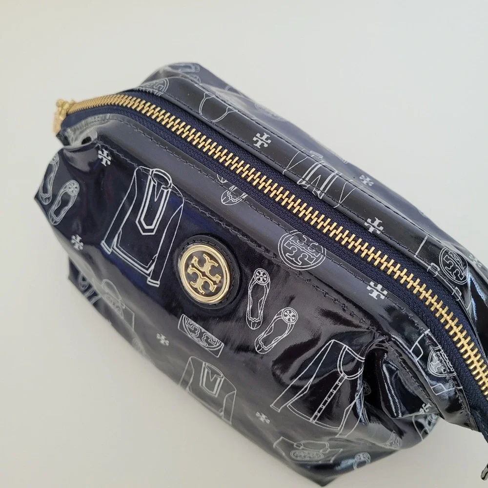 Tory Burch Navy Blue Patent Illustrative Print Cosmetic Bag Makeup Case Gold Log